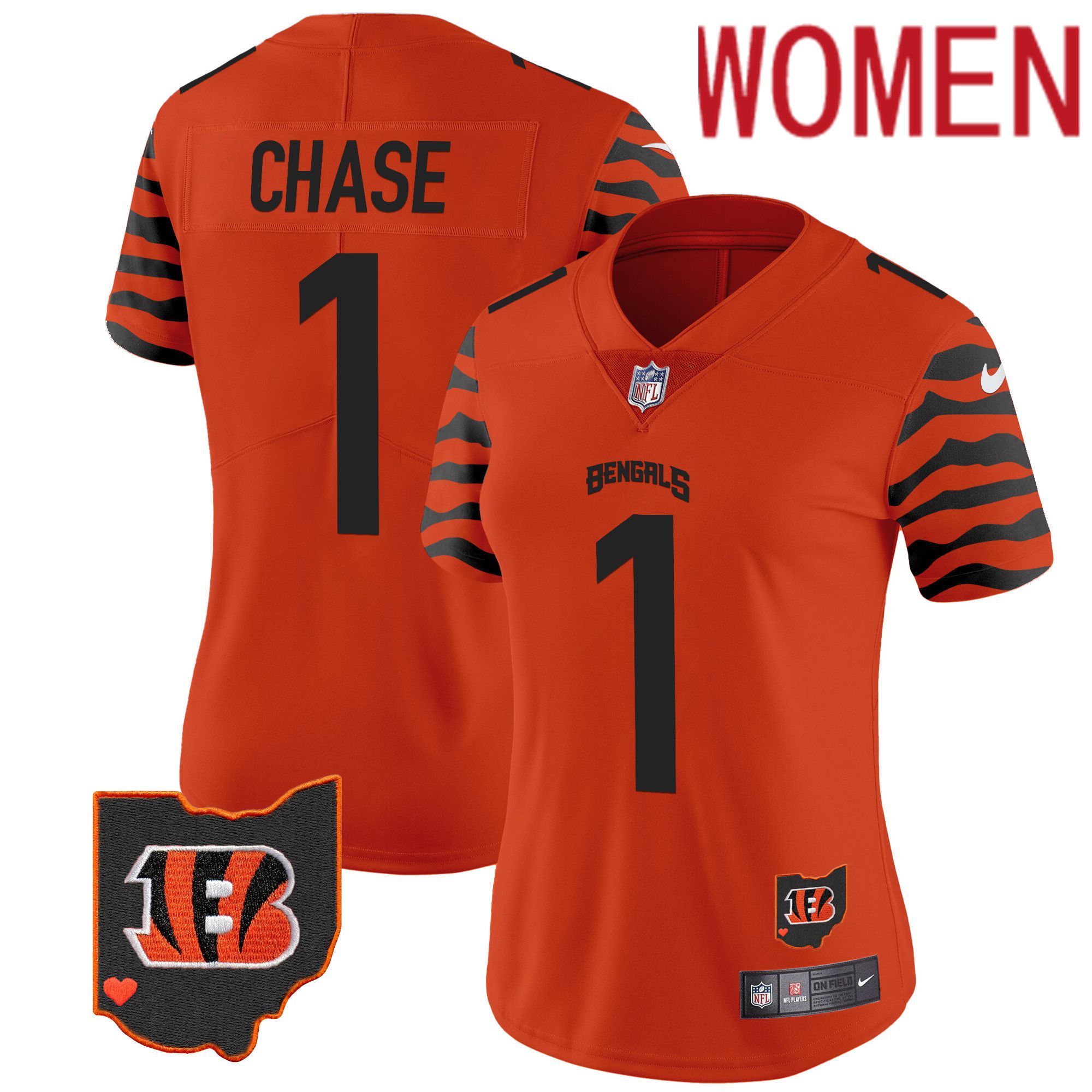 Women Cincinnati Bengals #1 Chase Orange 2024 Nike Stripes Vapor Limited NFL Jersey->women nfl jersey->Women Jersey